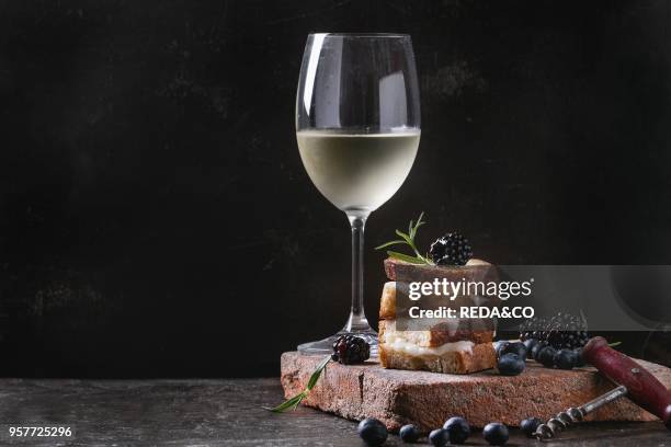 Grilled sandwich with melted goat cheese, blackberry, blueberry, rosemary and honey, served on terracotta board with glass of cold white wine. Over...