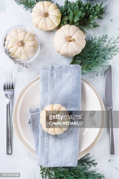 Holiday table setting decoration with white decorative pumpkins, thuja branches and dinner plates with blue textile napkin over white wooden...