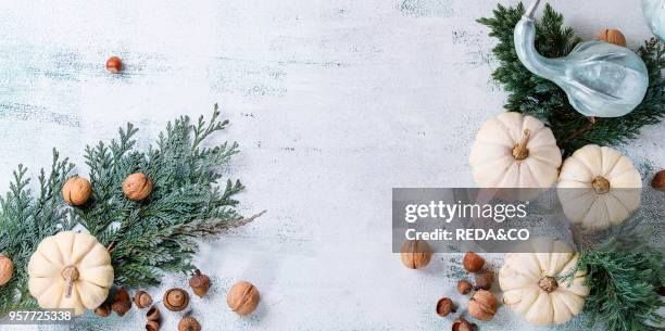 Holiday table decoration with white decorative pumpkins, thuja branches, walnuts and acorns over white wooden background. Top view with space for...