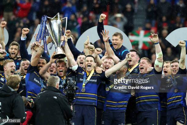 Leinster Rugby players lift the European Rugby Champions Cup Trophy following the European Rugby Champions Cup Final match between Leinster Rugby and...