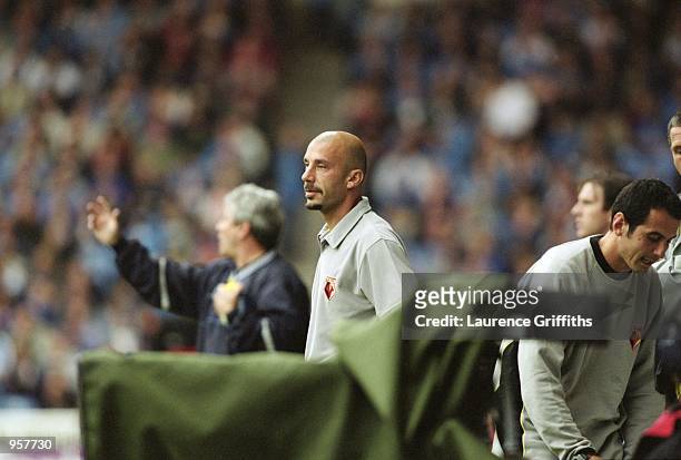 Watford manager Gianluca Vialli looks on during the Nationwide League Division One match against Manchester City played at Maine Road, in Manchester,...