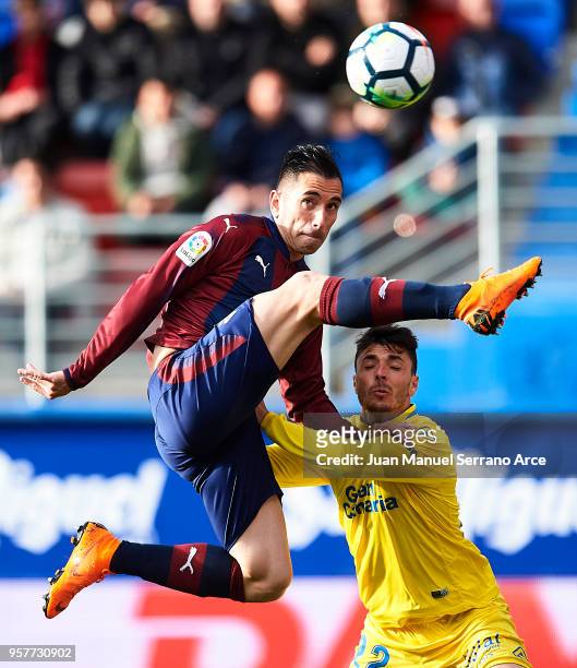 Charles Dias de Oliveira of SD Eibar duels for the ball with Joaquin Navarro 'Ximo' of UD Las Palmas during the La Liga match between SD Eibar and UD...