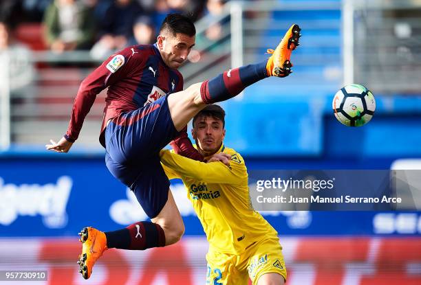 Charles Dias de Oliveira of SD Eibar duels for the ball with Joaquin Navarro 'Ximo' of UD Las Palmas during the La Liga match between SD Eibar and UD...