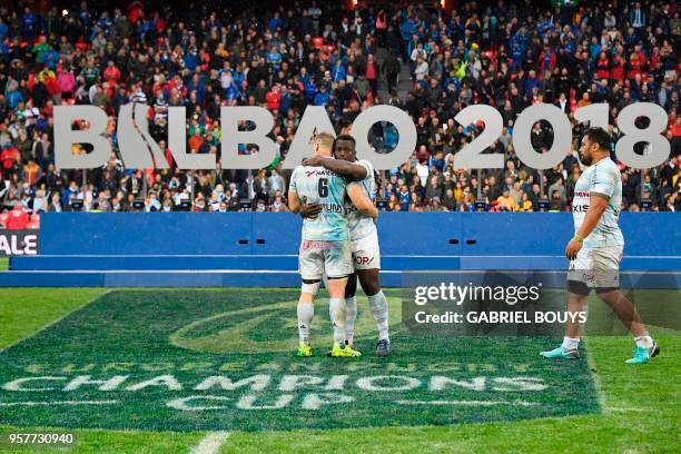 Racing 92 players react after the 2018 European Champions Cup final rugby union match between Racing 92 and Leinster at the San Mames Stadium in...