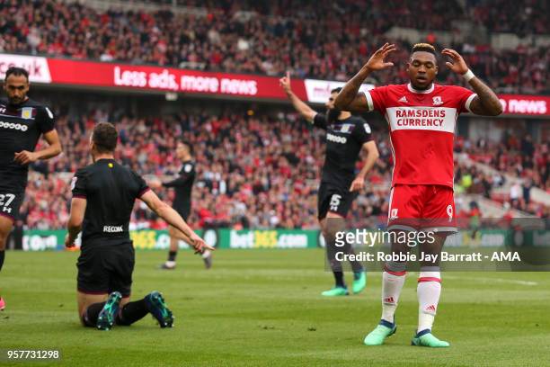 Britt Assombalonga of Middlesbrough reacts after missing a chance during the Sky Bet Championship Play Off Semi Final First Leg match between...