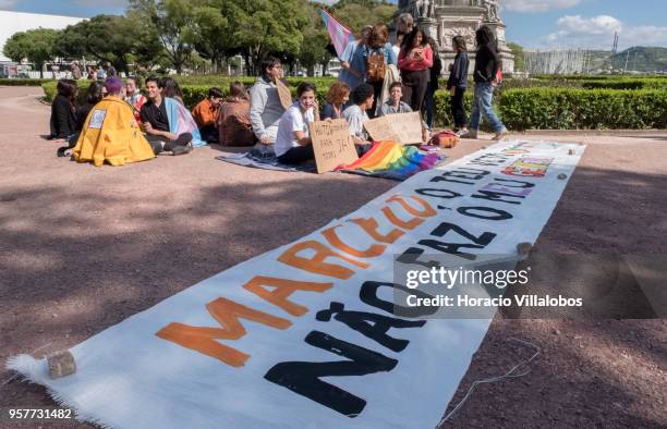 Under the motto "Marcelo your veto is not my gender" demonstrators of Queer Resistance, stage a protest in Afonso de Albuquerque Garden, across the...