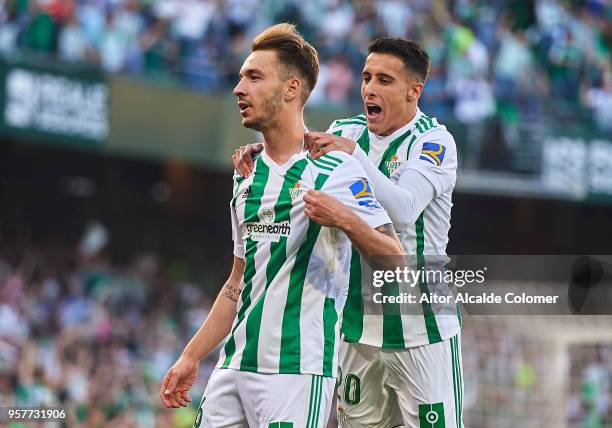 Loren Moron of Real Betis Balompie celebrates after scoring the second goal of Real Betis Balompie with his team mate Cristian Tello of Real Betis...