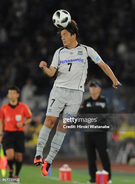 Yasuhito Endo of Gamba Osaka in action during the J.League J1 match between Yokohama F.Marinos and Gamba Osaka at Nissan Stadium on May 12, 2018 in...