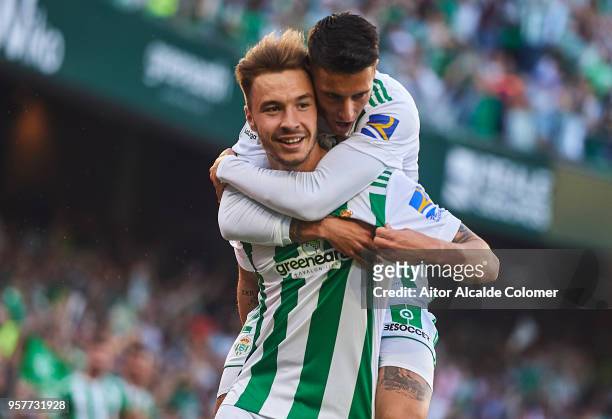 Loren Moron of Real Betis Balompie celebrates after scoring the second goal of Real Betis Balompie with his team mate Cristian Tello of Real Betis...