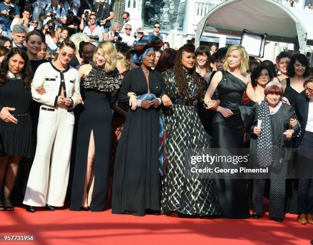 Haifaa al-Mansour, Kirsten Stewart, Lea Seydoux, Khadja Nin, Ava DuVernay, Cate Blanchett and Agnes Varda walk the red carpet in protest of the lack...