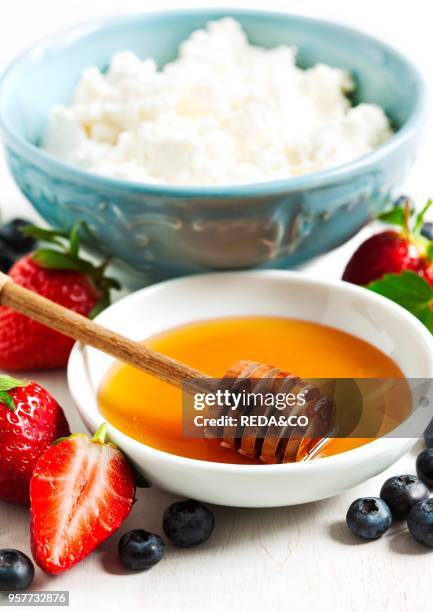 Honey, fresh berries and cottage cheese for healthy eating.