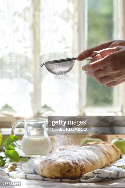 Woman's hand sprinkle with powdered sugar fresh baked homemade apple strudel over towel on kitchen table with jug of milk and apples. With window as...