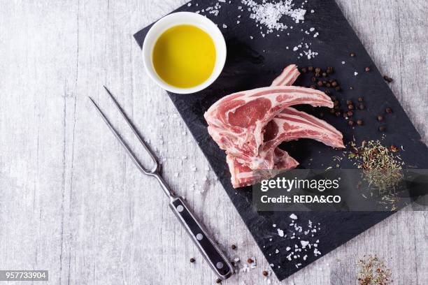 Raw lamb chops with salt, pepper, dry herbs and bowl of olive oil on black slate board over white wooden table. Meat fork near. Top view. With copy...