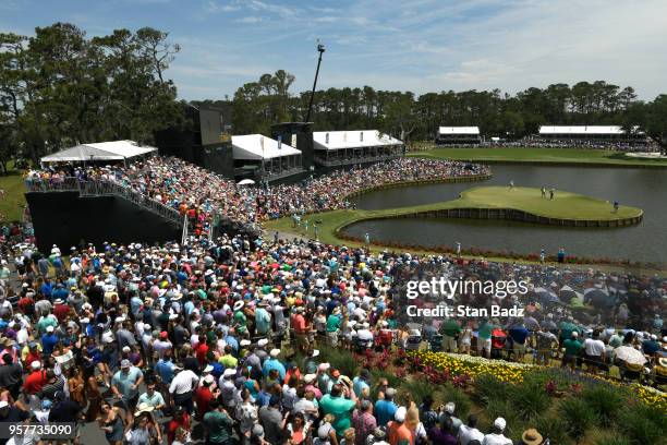 Crowds of fans on 17 during the third round of THE PLAYERS Championship on THE PLAYERS Stadium Course at TPC Sawgrass on May 12 in Ponte Vedra Beach,...