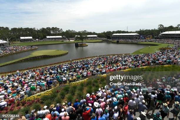 Crowds of fans on 17 during the third round of THE PLAYERS Championship on THE PLAYERS Stadium Course at TPC Sawgrass on May 12 in Ponte Vedra Beach,...