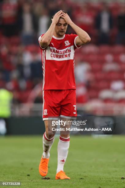 Dejected George Friend of Middlesbrough during the Sky Bet Championship Play Off Semi Final First Leg match between Middlesbrough and Aston Villa at...