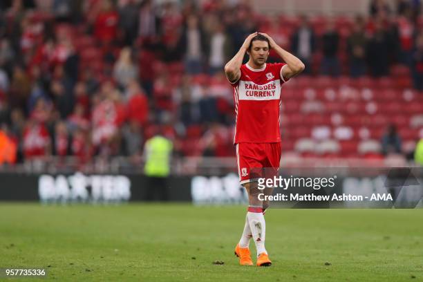 Dejected George Friend of Middlesbrough during the Sky Bet Championship Play Off Semi Final First Leg match between Middlesbrough and Aston Villa at...