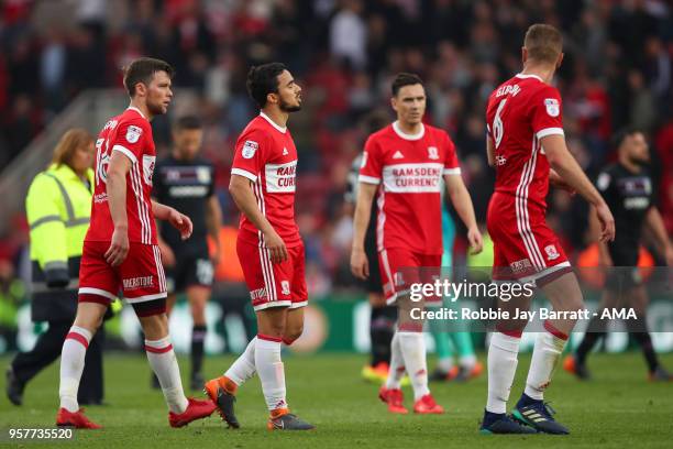 Dejected Middlesbrough players at full time during the Sky Bet Championship Play Off Semi Final First Leg match between Middlesbrough and Aston Villa...