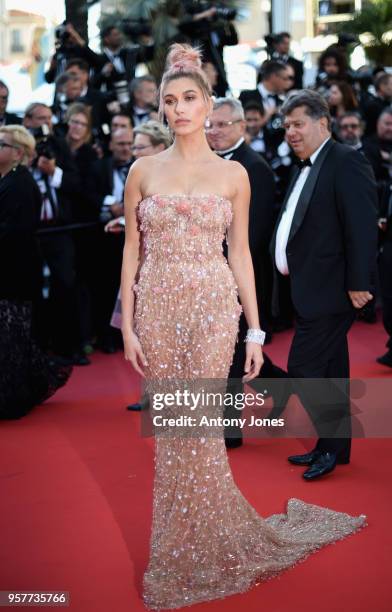 Hailey Baldwin attends the screening of "Girls Of The Sun " during the 71st annual Cannes Film Festival at Palais des Festivals on May 12, 2018 in...