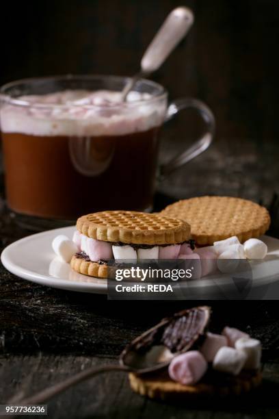 White Plate with Sugar Cookies stuffed by small marshmallows and chocolate paste over old wooden table with cup of hot chocolate at background. Dark...