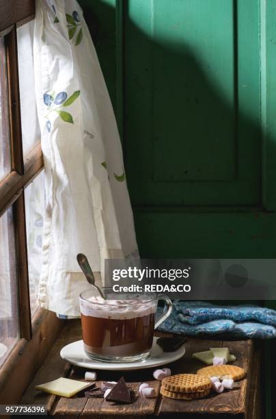 Glass cup of Hot chocolate with marshmallows and cookies, chopping chocolate and mittens over wooden window sill near window in sunny day. Rustic...