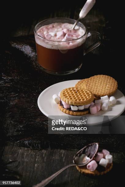 Glass cup of Hot chocolate with marshmallows, cookies stuffed by marshmallows, and chopping chocolate over old wooden table. Dark rustic style.