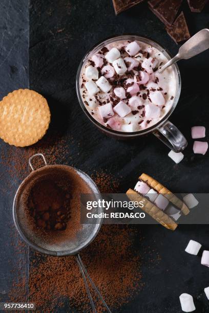 Glass cup of Hot chocolate with marshmallows, cookies stuffed by marshmallows, chopping chocolate and cocoa powder from sieve over double black slate...