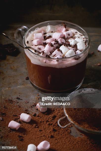Glass cup of Hot chocolate with melting marshmallows, vintage silver spoon and sieve with cocoa powder over rust metal surface. Dark rustic style.