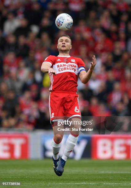 Boro captain Ben Gibson in action during the Sky Bet Championship Play Off Semi Final First Leg match between Middlesbrough and Aston Villa at...