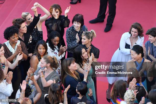 Patty Jenkins and Salma Hayek and filmmakers walks the red carpet in protest of the lack of female filmmakers honored throughout the history of the...