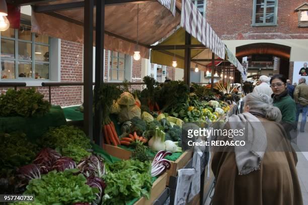 Fruits and vegetable stall. Eataly foodstore. Nizza 230 street. Turin. Italy.
