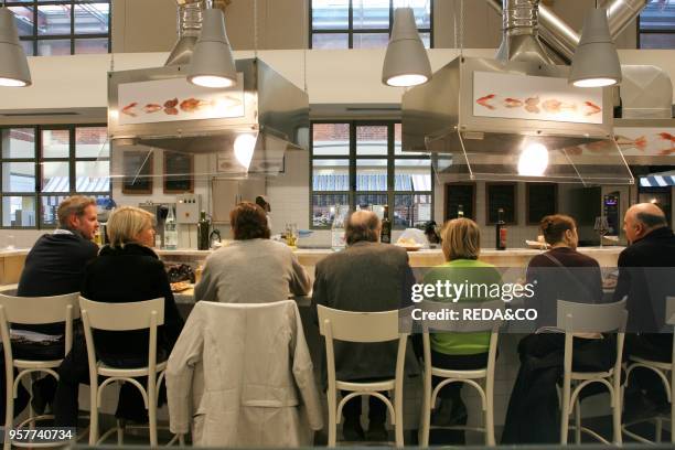 Fish and sea food restaurant. Eataly foodstore. Nizza 230 street. Turin. Italy.