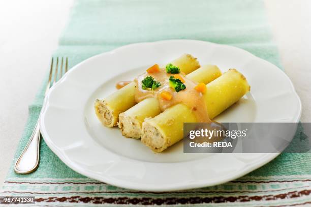 Legumes Cannelloni with Miso Bechamel Dressing and Seanon Vegetables.