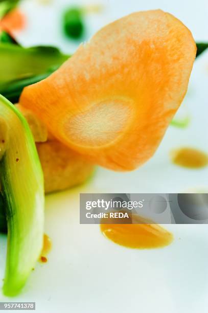 Spring Asparagus with Peas. Carrots. Grapefruit Cickpea Humus. Miso Mayo and Yogurt Sauce. Italy. Europe. .