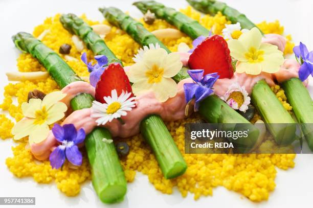 Asparagus Cuouscous with Vegetal Mayo. Strawberry and Lowers. Italy. Europe. .