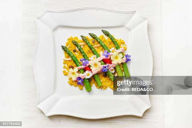 Asparagus Cuouscous with Vegetal Mayo. Strawberry and Lowers. Italy. Europe. .