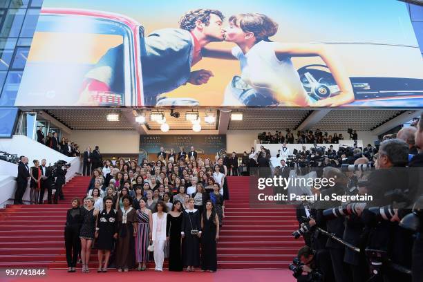 Jury head Cate Blanchett with other filmmakers reads a statement on the steps of the red carpet in protest of the lack of female filmmakers honored...