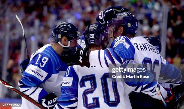 Mikko Rantanen of Finland celebrate with his team mates after he scores 2nd goal during the 2018 IIHF Ice Hockey World Championship Group B game...