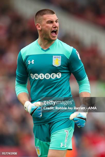 Sam Johnstone of Aston Villa celebrates the fist goal during the Sky Bet Championship Play Off Semi Final First Leg match between Middlesbrough and...