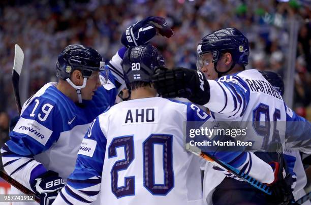 Mikko Rantanen of Finland celebrate with his team mates after he scores 2nd goal during the 2018 IIHF Ice Hockey World Championship Group B game...