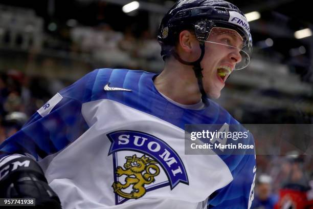 Mikko Rantanen of Finland celebrates after he scores 2nd goal during the 2018 IIHF Ice Hockey World Championship Group B game between Canada and...