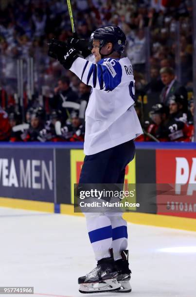 Mikko Rantanen of Finland celebrates after he scores opening goal during the 2018 IIHF Ice Hockey World Championship Group B game between Canada and...