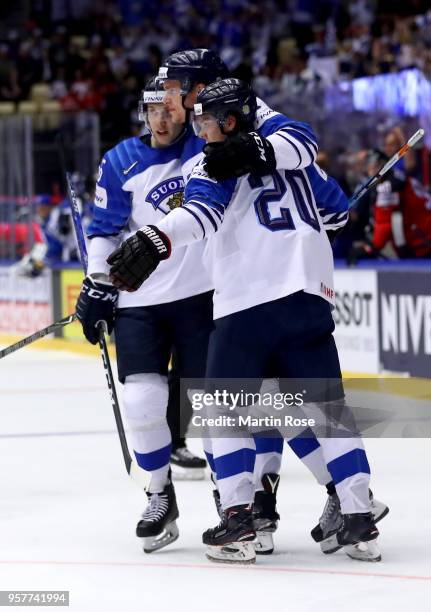 Mikko Rantanen of Finland celebrate with his team mates after he scores opening goal during the 2018 IIHF Ice Hockey World Championship Group B game...