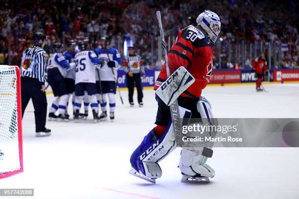 Curtis McElhinney, goaltender of Canada reacts after Finland scores the opening goal during the 2018 IIHF Ice Hockey World Championship Group B game...