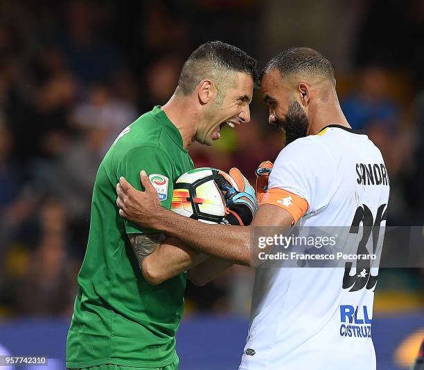 Christian Puggioni and Sandro of Benevento Calcio celebrate during the serie A match between Benevento Calcio and Genoa CFC at Stadio Ciro Vigorito...