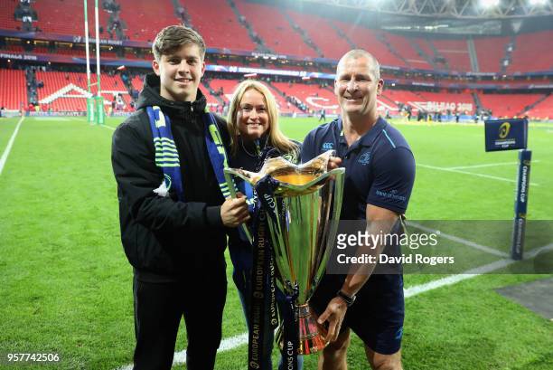 Stuart Lancaster, the Leinster assistant coach celebrates with his wife Nina and son Daniel after his teams victory during the European Rugby...