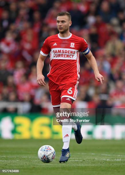 Boro captain Ben Gibson in action during the Sky Bet Championship Play Off Semi Final First Leg match between Middlesbrough and Aston Villa at...