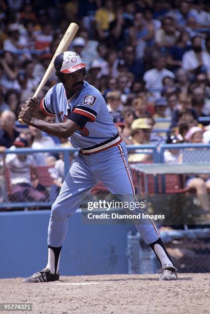 Outfielder Larry Hisle of the Minnesota Twins swings at a pitch during a game in July, 1977 against the Cleveland Indians at Municipal Stadium in...