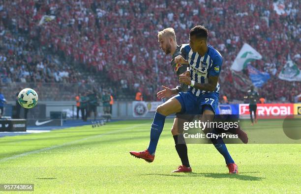 Konrad Laimer of RB Leipzig and Davie Selke of Hertha BSC during the Bundesliga game between Hertha BSC and RB Leipzig at Olympiastadion on May 12,...