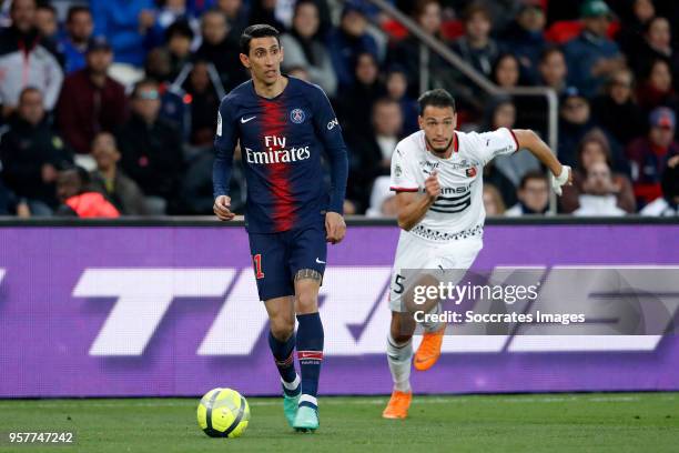 Angel Di Maria of Paris Saint Germain, Ramy Bensebaini of Stade Rennes during the French League 1 match between Paris Saint Germain v Rennes at the...